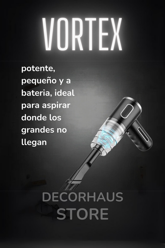 cartel, titulo vortex, muestra aspirador compacto y texto descriptivo resaltando su potencia, autonomia y pequeño tamaño